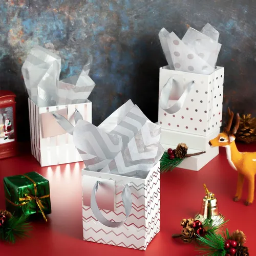 Miniatura 4 de Tenare 12 bolsas de regalo pequeñas, mini bolsa de papel metálica a granel con asa de papel de seda para envoltura de regalo, día del padre, Blanco