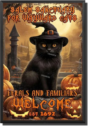 Letrero decorativo de metal Salem Sanctuary for Wayward Cats Cat Halloween para bares, restaurantes, bares, hoteles, zoológicos, cafeterías, 8.00 x