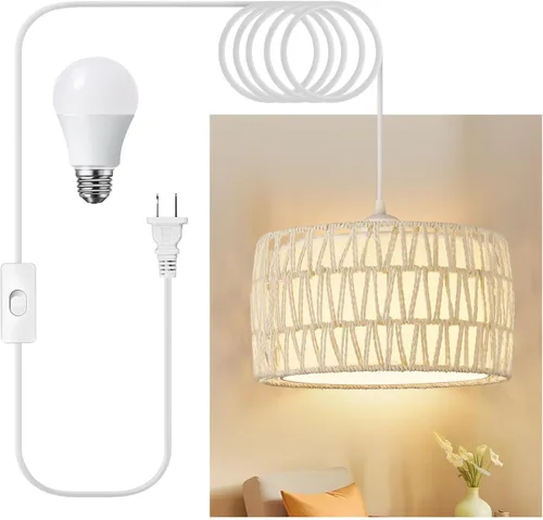Miniatura 10 de Lámpara colgante enchufable, luces colgantes de ratán con cable enchufable, pantalla tejida y de tela 2 en 1, lámpara colgante enchufable para Negro
