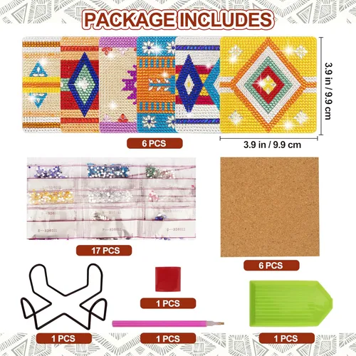 Miniatura 2 de Temlum 6 posavasos de pintura de diamantes con soporte, posavasos de diamantes bohemios, kits de pintura de diamantes pequeños para principiantes