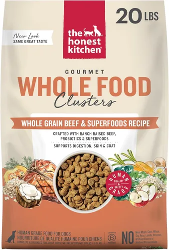 The Honest Kitchen Alimento seco para perros en racimos de alimentos integrales de grado humano, carne de res y avena integrales, bolsa de 20 libras