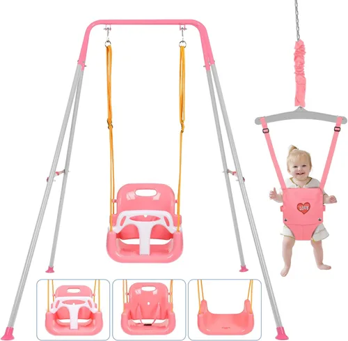 Miniatura 11 de Toddler Swing Set and Baby Jumper, Foldable Baby Swing Set with Metal Stand for Indoor & Outdoor Use, Baby Bouncer Jumper Durable Swing Set for Aged