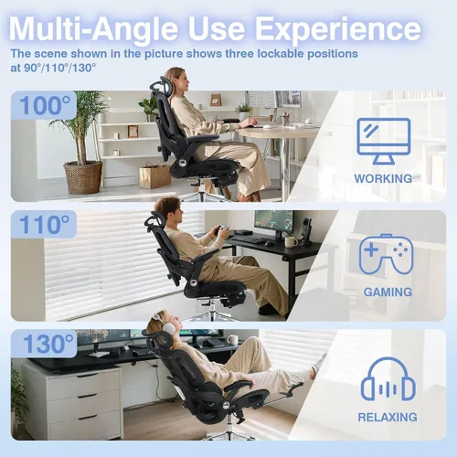 Miniatura 3 de Silla de oficina ergonómica de malla con reposapiés, silla de escritorio de respaldo alto con reposabrazos 4D, soporte lumbar dinámico de 3 zonas