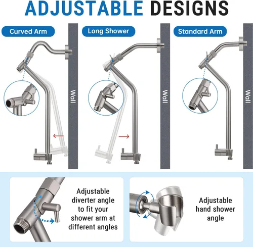 Miniatura 4 de G-Promise Desviador de ducha totalmente de metal con soporte bajo, extendido de 13.5 pulgadas, válvula desviadora de 3 vías con modo de pausa
