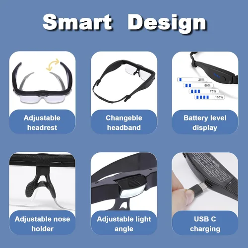 Miniatura 5 de Lupas profesionales con 5 lentes desmontables de 0.75 x 4.0 x y 3 luces LED, lupa recargable manos libres para trabajo cercano, manualidades