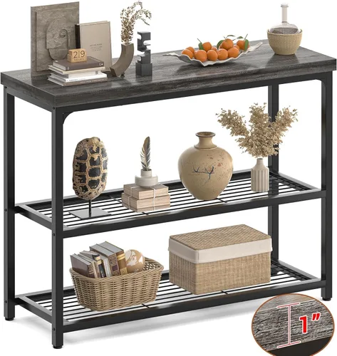 Miniatura 14 de Besiost Mesa consola pequeña de 32 pulgadas, mesa de entrada estrecha de 2 niveles, mesa de sofá con estantes de malla, mesas de consola para sala