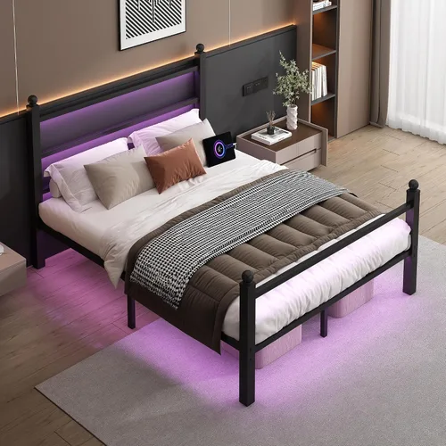 Miniatura 11 de CLIBFENG Base de cama individual con cabecera y estribo, listones de acero, base de cama LED con estación de carga USB, base de colchón