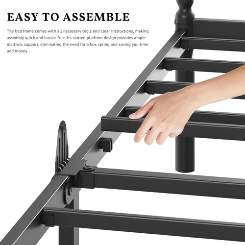 Miniatura 8 de ZIYOO Marco de cama Queen de metal de 14 pulgadas con estilo vintage, tope deslizante para colchón, listones de acero resistente de 1500 libras,