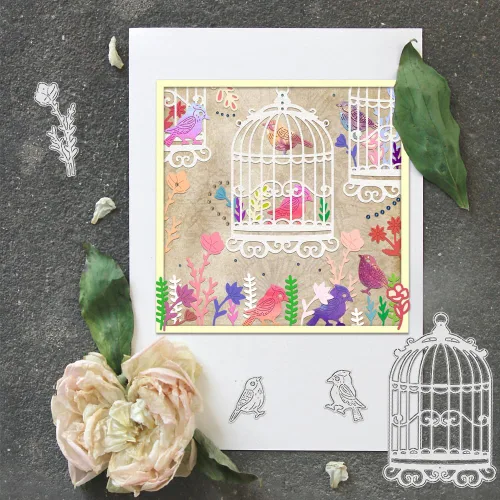 Miniatura 4 de BENECREAT Jaula de pájaros con plantillas de troqueles de corte de acero al carbono con flores, plantillas de troqueles de corte de metal