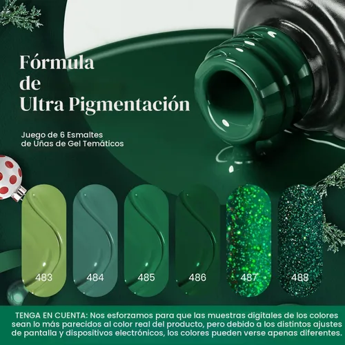 Miniatura 4 de Beetles - Juego Carnival Evergreen de 6 esmaltes de uñas de gel con purpurina, kit de 6 piezas con lámpara de remojo, aguacate, diseño de arte