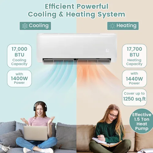 Miniatura 4 de RELAX4LIFE Mini sistema de aire acondicionado dividido/calefacción, 18000 BTU sin conductos mini aire acondicionado dividido con bomba de calor