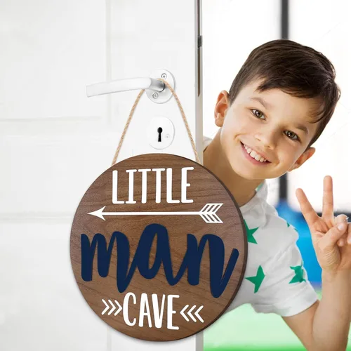 Miniatura 6 de Letrero redondo de madera con diseño de cueva de Little Man para puerta de niño pequeño, cuarto de bebé, arte de pared, madera natural, dormitorio