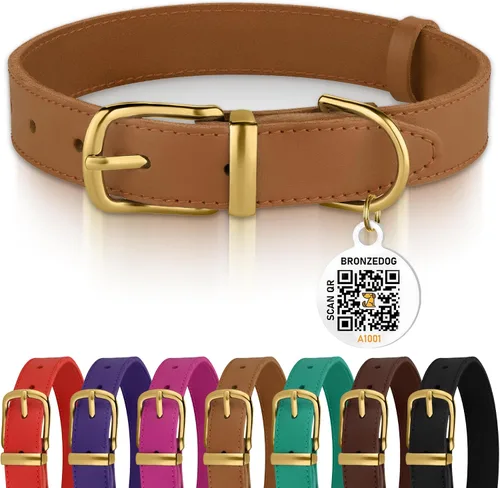 Miniatura 12 de BRONZEDOG Collar de cuero para perro con etiqueta de identificación QR, collares básicos para mascotas pequeños mini, gatos, cachorros