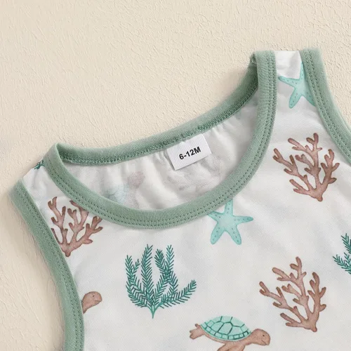 Miniatura 52 de Ropa de bebé niño sin mangas + pantalones cortos con estampado a rayas con bolsillos, 2 piezas de trajes de verano