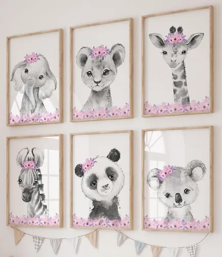 Miniatura 11 de Safari Animals - Juego de 3 impresiones artísticas de pared sin marco, carteles de animales grises con pajarita azul, elefante jirafa león, póster