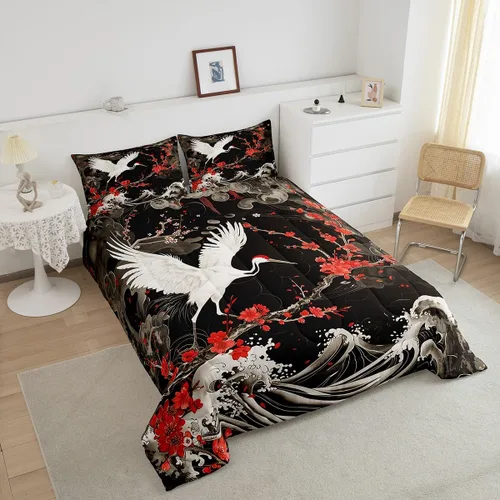 Miniatura 3 de Manfei Juego de edredón de flor de cerezo para niños, tamaño individual, juego de ropa de cama de animales salvajes con grúa Ukiyo-e japonés
