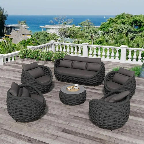 Miniatura 13 de Juego de muebles de patio de 4 piezas ensamblado, conjunto de sofá de conversación para exteriores de cuerda tejida a mano - Sofá de aluminio Cuerda