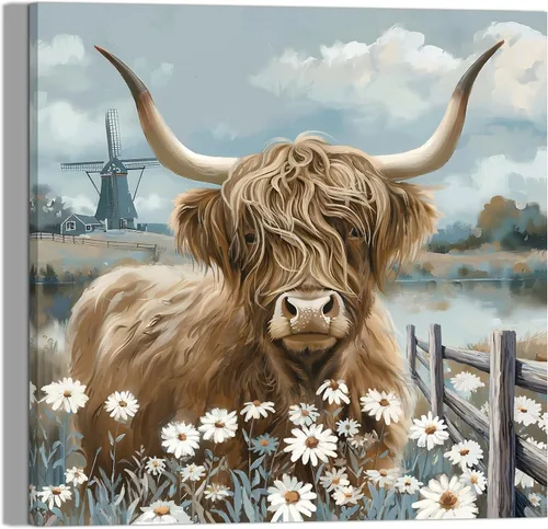 Miniatura 8 de YUEYARIT Decoración de pared de vaca de las tierras altas de granja en verde azulado y marrón: imagen rústica de vaca y diente de león, impresión