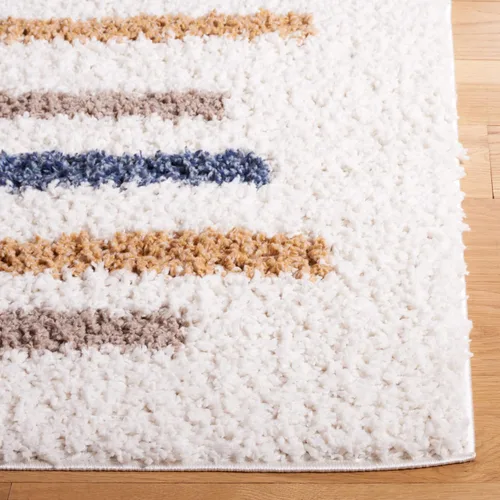 Miniatura 4 de SAFAVIEH Calico Shag Collection - Alfombra para pasillo, 2 pies 2 pulgadas x 8 pies, color marfil y dorado, diseño a rayas, no desprende pelusa
