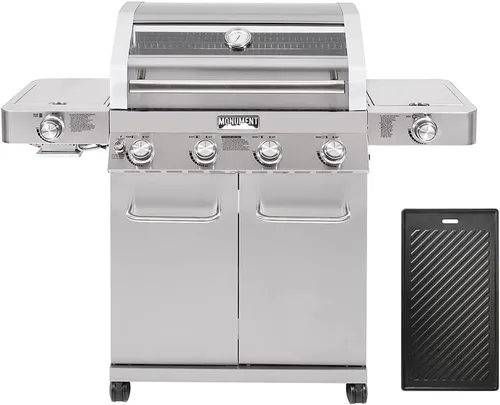 Monument Grills Parrillas de gas propano más grandes de 4 quemadores, estilo de gabinete de acero inoxidable con quemadores laterales infrarrojos y