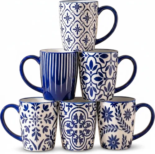 Miniatura 9 de glowworm Juego de 4 tazas de café apilables de 15 onzas con estante, tazas de cerámica para el hogar, oficina, inauguración de la casa y regalos