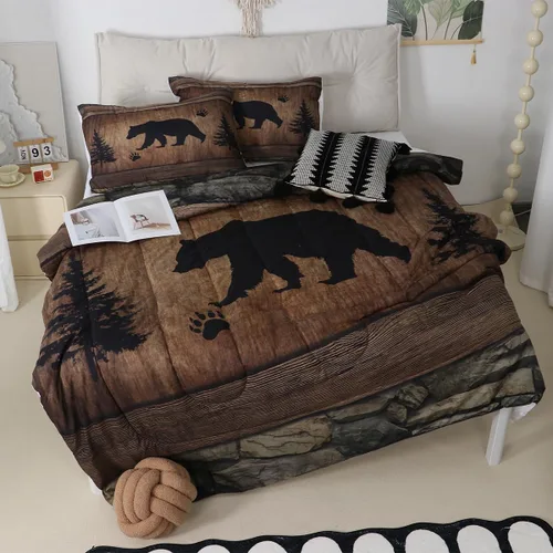 Miniatura 7 de Juego de edredón rústico de oso tamaño completo, juego de ropa de cama de caza de animales salvajes de 3 piezas, edredón de plumón vintage de cabaña