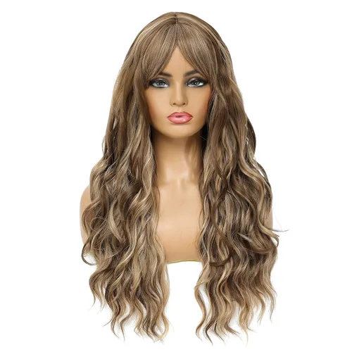 Miniatura 17 de SWACC Peluca larga y rizada ondulada con flequillo peluca de pelo sintético para mujeres con gorra de peluca (negro)