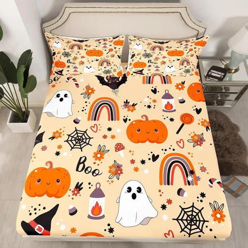 Erosebridal Sábana bajera ajustable de Halloween, diseño de calabaza de dibujos animados, diseño de arco iris para niños, niñas, adolescentes,