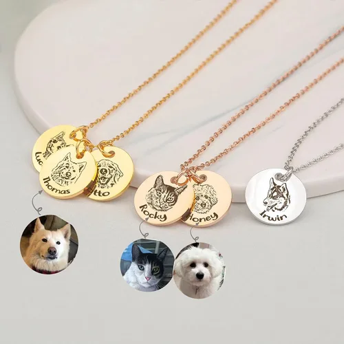 Miniatura 2 de Anavia Collar personalizado de retrato de mascota, regalo de joyería conmemorativa hecho a mano, collar grabado con foto de disco redondo Oro rosa