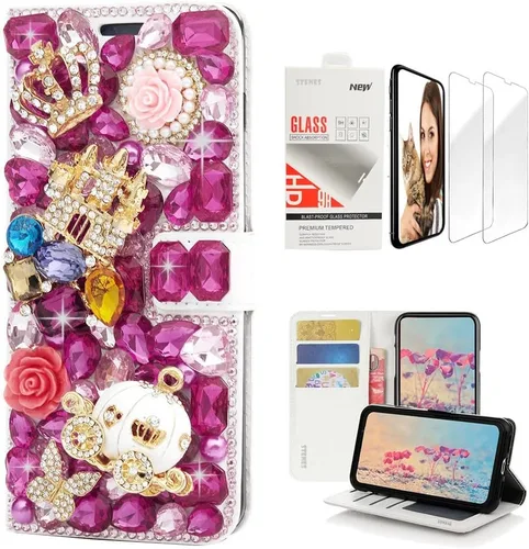 Miniatura 5 de Bling Wallet - Funda para teléfono compatible con iPhone 11, elegante, hecha a mano en 3D, de cristal de pavo real, magnética, con protector