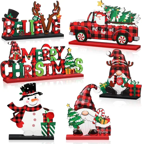 Miniatura 10 de Capoda 6 piezas de decoración de mesa de Navidad, centros de mesa de Navidad de madera, muñeco de nieve, Papá Noel, gnomo, letreros de Feliz