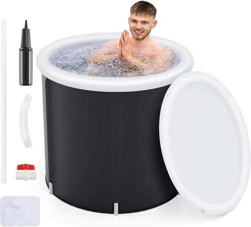 Goplus Bañera de hielo inflable, bañera portátil de terapia de agua fría con cubierta, 6 varillas de soporte resistentes, inflador, bañera de remojo