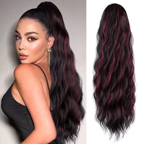 FREEMEIGE Extensiones de cola de caballo largas onduladas con cordón para mujeres, extensiones de cabello con clip para cola de caballo, mezcla de