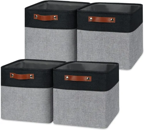 Temary Cestas de almacenamiento de tela, paquete de 4 cestas para organizar, cestas de tela plegables con asas para estantes, armario (negro y gris)