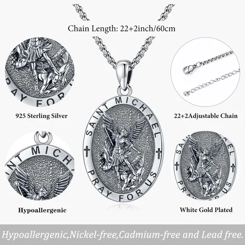 Miniatura 3 de Odinstone Collar de plata de ley 925 con medalla de San MiguelSan CristóbalSan BenitoCrucifijo de JesúsSan UrielArcángel Rafael para hombres