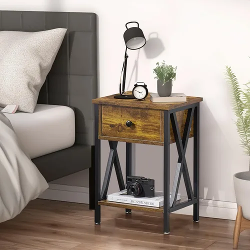 Miniatura 5 de VECELO - Mesita de noche moderna, mesa auxiliar de cabecera con cajón y estante de almacenamiento para sala de estar y dormitorio, marco de metal