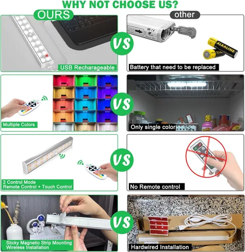 Miniatura 7 de Iluminación para debajo del gabinete, inalámbrica, recargable, funciona con pilas, luces LED regulables debajo de la encimera, barra de luces