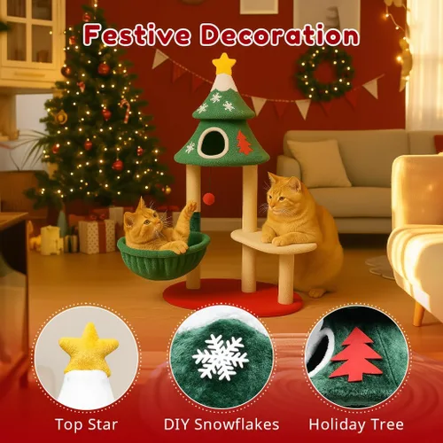 Miniatura 7 de LUCKLIFE Árbol de Navidad para gatos de 48 pulgadas con 2 casas acogedoras, torre moderna para gatos con kit antipuntas, perchas de felpa y bolas