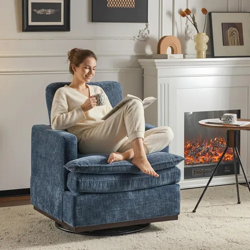 Miniatura 10 de VINGLI Silla giratoria de 360° con cojines de asiento de doble capa, sillón giratorio moderno, silla de club cuadrada tapizada para sala de estar