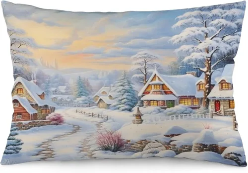 Miniatura 14 de Funda de almohada con escena de pueblo navideño con niños, fundas de almohada de 12 x 20 pulgadas, almohadas decorativas de Navidad para sofá, funda
