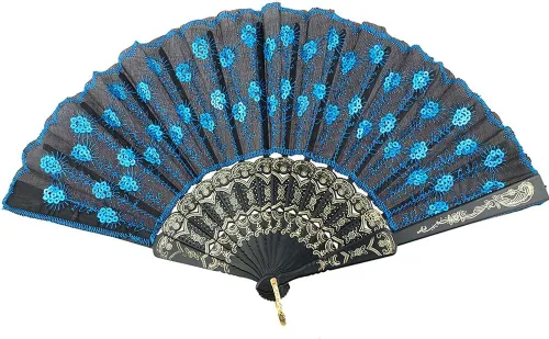 Miniatura 11 de InnoLife Elegante abanico de mano plegable con flores bordadas y patrón de pavo real con lentejuelas en tela artesanal (5 piezas, rojo)