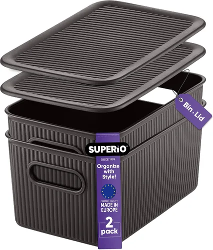 Miniatura 11 de Superio Ribbed Collection – Cesta decorativa de plástico con tapa para el hogar, tamaño XL, color marrón (paquete de 1 – 22 litros), caja apilable