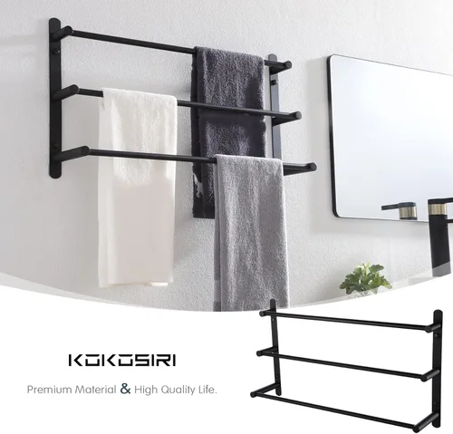 Miniatura 3 de KOKOSIRI Barras de Toalla de Baño Negro Mate para Baño de 3 Niveles con Escalera, Estantes de Toallas Montados en la Pared de Acero Inoxidable
