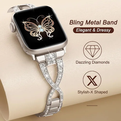 Miniatura 5 de Wipalor Dressy X - Correa para Apple Watch de 1.61, 1.57 y 1.49 pulgadas, para mujer, correa de metal con diamantes brillantes para mujer, correa