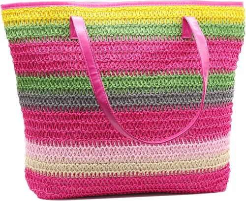 Miniatura 47 de Bolso grande de paja para mujer, tejido de ratán, bolso de playa de verano, a rayas