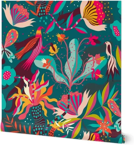 Spoonflower Papel tapiz para despegar y pegar, flores brillantes de la selva florecen tropical, medianoche, exótico, papel tapiz extraíble