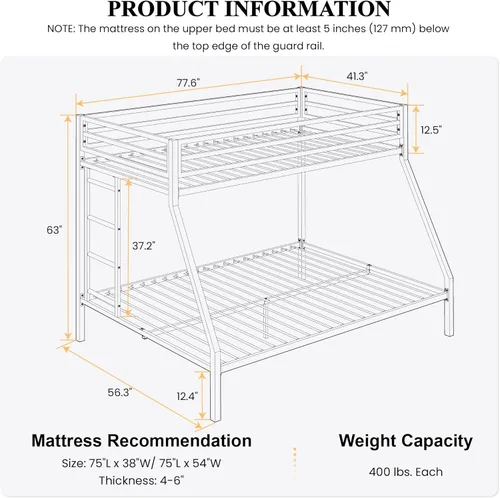 Miniatura 2 de SHA CERLIN Litera tipo loft de tamaño Twin sobre Full con escalera y barandilla, listones de metal resistente, no necesita somier, muebles Negro