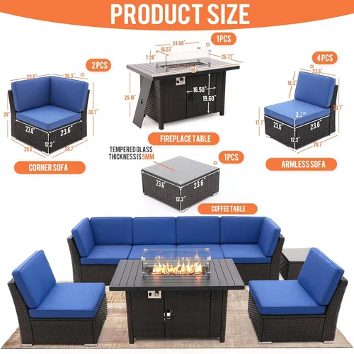 Miniatura 5 de Juego de 8 muebles de patio al aire libre con mesa para fogata de propano de 46 pulgadas, muebles de mimbre de polietileno marrón, sofá seccional