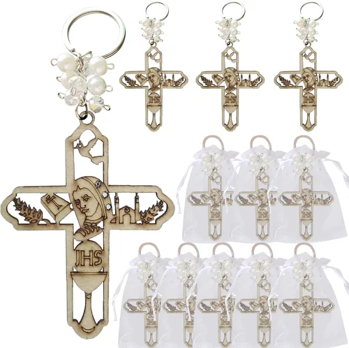 12 piezas de llavero de madera para la primera comunión para niños y niñas, Virgen María Recuerdos para Primera Comunión con bolsas de regalo, Marrón