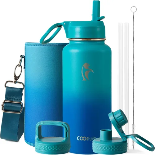 Miniatura 85 de Coolflask Botella de agua de 20 onzas aislada con pajilla, 3 tapas de metal de acero inoxidable, botella de agua de boca ancha para deportes u